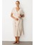 Kruvaze Yaka Keten Görünümlü Elbise-Taş 6