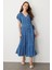 Çiçek Desenli Kruvaze Yaka Uzun Elbise-Mavi 2