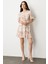 Baskılı Kuşaklı Viskon Elbise-Pudra 5