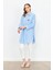 Broş Detay Çizgili Tunik Gömlek-Mavi 4