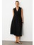 Beli Lastikli Kruvaze Yaka Elbise-Siyah 3