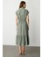 Keten Görünüm Farbela Detaylı Uzun Elbise-Çağla 6