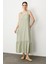 Keten Görünümlü Askılı Uzun Elbise-Çağla 1
