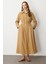 Keten Görünüm Düğmeli Uzun Elbise-Camel 2