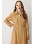 Keten Görünüm Düğmeli Uzun Elbise-Camel 3