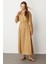 Keten Görünüm Düğmeli Uzun Elbise-Camel 4