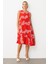 Etek Ucu Volanlı Desenli Elbise-Kırmızı 1