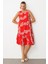 Etek Ucu Volanlı Desenli Elbise-Kırmızı 2