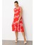 Etek Ucu Volanlı Desenli Elbise-Kırmızı 3