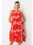 Etek Ucu Volanlı Desenli Elbise-Kırmızı 4