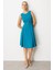 Cep Detaylı Kolsuz Krep Elbise-Turkuaz 2