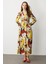 V Yaka Desenli Uzun Elbise-Sarı 1