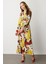 V Yaka Desenli Uzun Elbise-Sarı 4