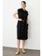 Keten Görünümlü Kuşaklı Elbise-Siyah 3