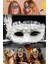 3 Adet Beyaz Dantelli Parti Maske Inci ve Taş Işlemeli Yandan TÜYLÜ17X12 cm Maskeli Balo Aksesuar 7