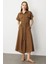 Kuşak Detaylı Keten Görünüm Elbise-Kahve 2