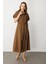 Kuşak Detaylı Keten Görünüm Elbise-Kahve 3
