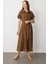 Kuşak Detaylı Keten Görünüm Elbise-Kahve 4