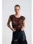 Dantel Transparan Kısa Kollu Bluz | BUST35379 Kahve 2