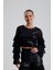Payetli Tül Kol Crop Bluz | BUST36090 Siyah 4