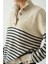 Kadın Düğmeli Yaka Çizgili Standart Beden Kazak 3