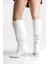 Kadın Büzgü Detaylı Sivri Burun Ince Topuklu Beyaz Uzun Çizme 5
