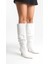 Kadın Büzgü Detaylı Sivri Burun Ince Topuklu Beyaz Uzun Çizme 6
