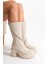 Kadın Yuvarlak Burun Kalın Tabanlı Fermuarlı Platform Topuklu Bej Uzun Çizme 5