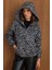 Kapüşonlu Beli Lastikli Oversize Leopar Desenli Kısa Kaban GRİ 3162-L 1