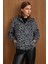 Kapüşonlu Beli Lastikli Oversize Leopar Desenli Kısa Kaban GRİ 3162-L 3