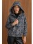 Kapüşonlu Beli Lastikli Oversize Leopar Desenli Kısa Kaban GRİ 3162-L 5