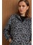 Kapüşonlu Beli Lastikli Oversize Leopar Desenli Kısa Kaban GRİ 3162-L 6