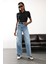 Yıkamalı Mavi Likralı Wide Leg Jean 3
