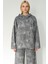 Kadın Gri Yamalı Desenli Oversize Cepli Fermuarlı Kapüşonlu Ince Ceket - Kadın Ceket 1