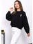 Siyah Bisiklet Yaka Nakışlı Üç İplik Kısa Oversize Sweat 1