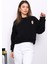 Siyah Bisiklet Yaka Nakışlı Üç İplik Kısa Oversize Sweat 2