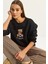 Kadın Teddy Nakış Detaylı Üç Iplik Şardonlu Sweatshirt 1