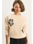 Kadın Bisiklet Yaka Çiçek Nakışlı Üç Iplik Şardonlu Sweatshirt 1