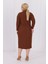 Kadın Kahve Balıkçı Yaka Esnek Burgu Triko Büyük Beden Elbise 6