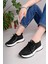 Kadın Bağcıklı Triko Poli Taban Spor Sneaker Ayakkabı-Siyah 3