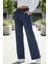 Pamuklu Kadın Eşofman Altı Yüksek Bel Indigo Flare Fit Geniş Paça Ipli Cepli Esnek Yumuşak Likralı 2