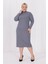 Kadın Gri Balıkçı Yaka Esnek Burgu Triko Büyük Beden Elbise 1