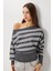 Açık Omuzlu Çizgili Triko Kazak LZA0016 Antrasit Ekru 1