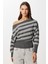 Açık Omuzlu Çizgili Triko Kazak LZA0016 Antrasit Ekru 2