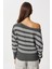 Açık Omuzlu Çizgili Triko Kazak LZA0016 Antrasit Ekru 4