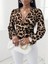 Kadın Uzun Kollu Kruvaze Yakalı Belden Kuşaklı Leopar Desenli Süprem Bluz 3