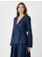 Lacivert Dar Kesim Ekose Desenli Dokuma Ceket 3