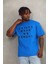 Unisex Oversize Baskılı Bisiklet Yaka T-Shirt - Mavi 2