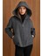 Kapüşonlu Beli Lastikli Oversize Kısa Kaban KOYU GRİ 3162 11