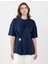 Lacivert Bisiklet Yaka Kısa Kollu Büzgü Detaylı Örme Tişört 1